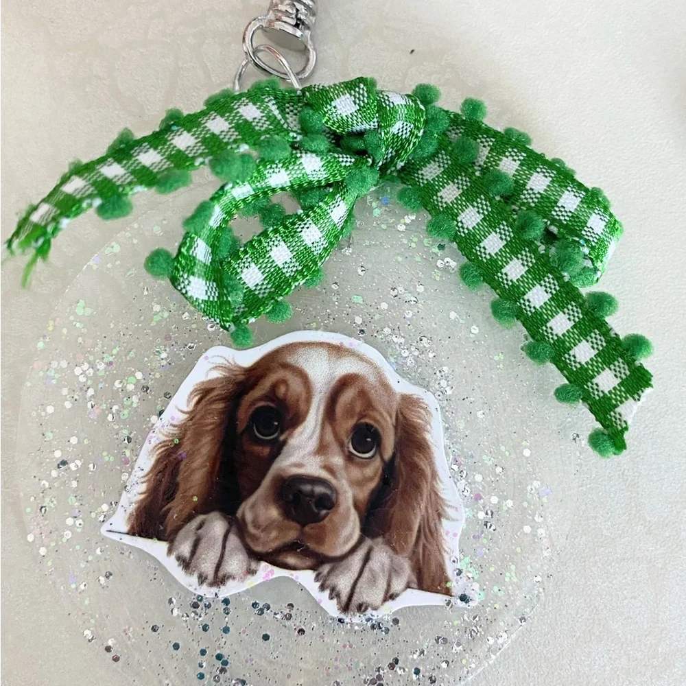 Green Bow Cocker Spaniel Dog Ornament or purse charm